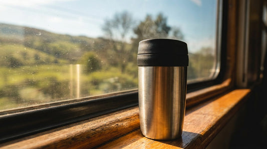 Travel french press mug with coffee on train window sill