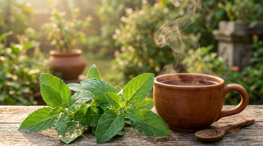 Fresh tulsi leaves with cup of tulsi tea