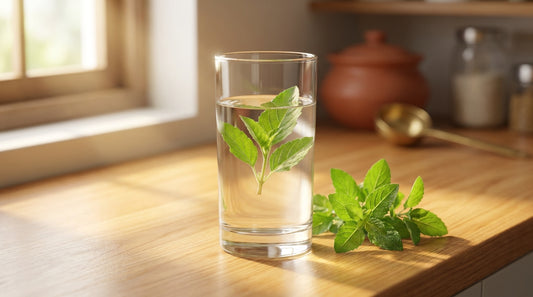 Glass of tulsi water with fresh holy basil leaves on a wooden kitchen counter