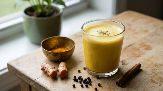 Glass of warm turmeric milk with black pepper on a wooden kitchen counter, with turmeric powder, fresh turmeric root and a cinnamon stick