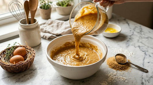 Thick waffle batter being poured into mixing bowl