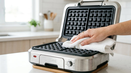 Waffle maker being wiped clean