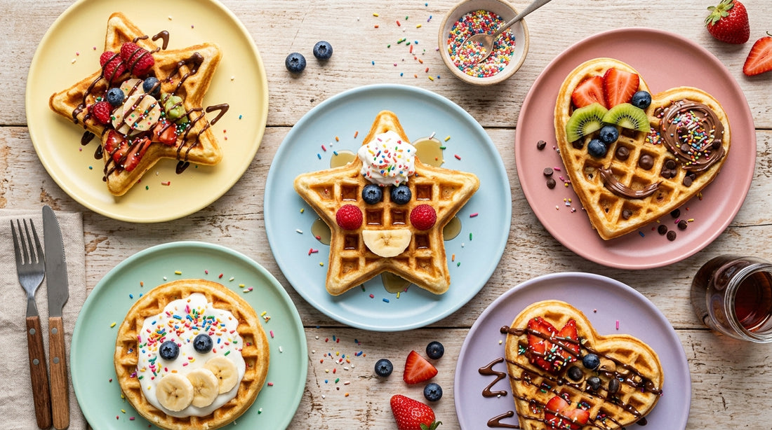 Colorful kid-decorated waffles with fruits and sprinkles