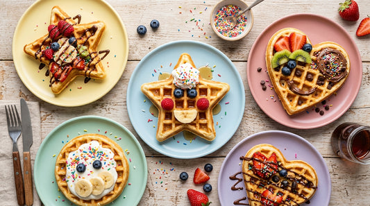Colorful kid-decorated waffles with fruits and sprinkles