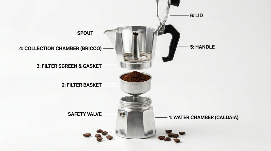 Moka pot exploded view showing all parts for beginners