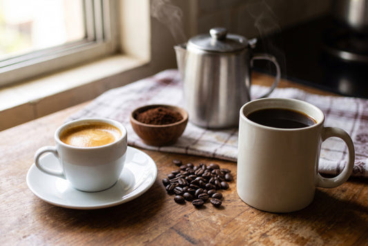 InstaCuppa guide to why cafe coffee tastes better: a cup of espresso with golden crema beside a mug of flat home instant coffee, whole beans, fresh ground coffee and a steel kettle