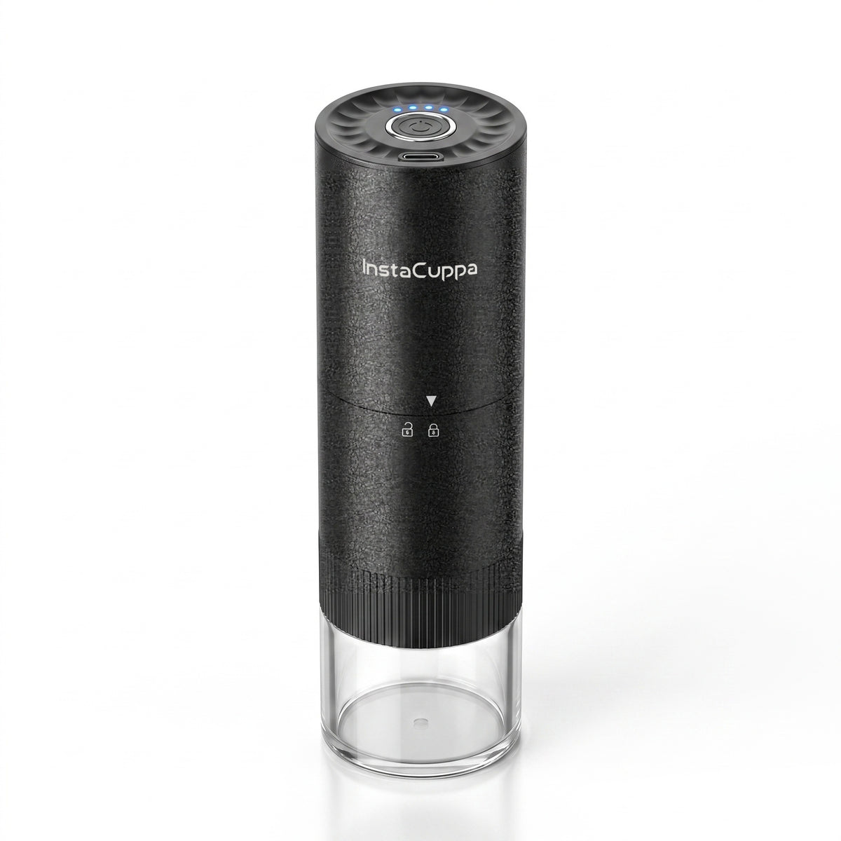 InstaCuppa Portable Electric Burr Coffee Grinder for Espresso, Pour Over and French Press, Stainless Steel Conical Burr, USB-C Rechargeable, Doses into 51 mm Portafilter, 25 g Capacity, Black