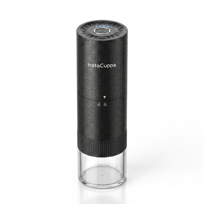 InstaCuppa Portable Electric Burr Coffee Grinder for Espresso, Pour Over and French Press, Stainless Steel Conical Burr, USB-C Rechargeable, Doses into 51 mm Portafilter, 25 g Capacity, Black