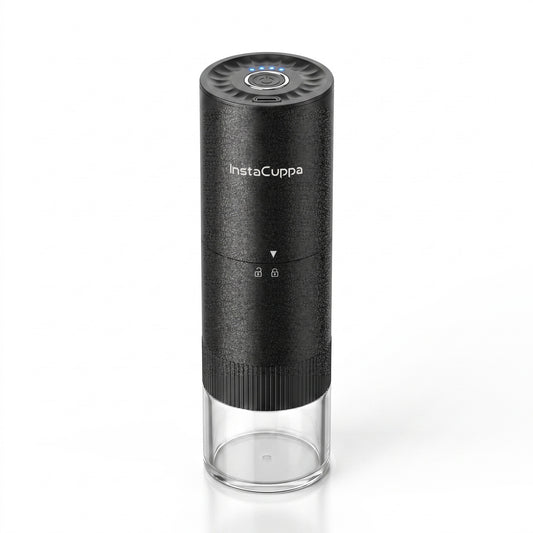 InstaCuppa Portable Electric Burr Coffee Grinder for Espresso, Pour Over and French Press, Stainless Steel Conical Burr, USB-C Rechargeable, Doses into 51 mm Portafilter, 25 g Capacity, Black
