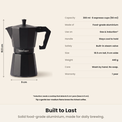 InstaCuppa Aluminium Moka Pot - Black - aluminium body, 3-part build · 300 ml · 6 cup