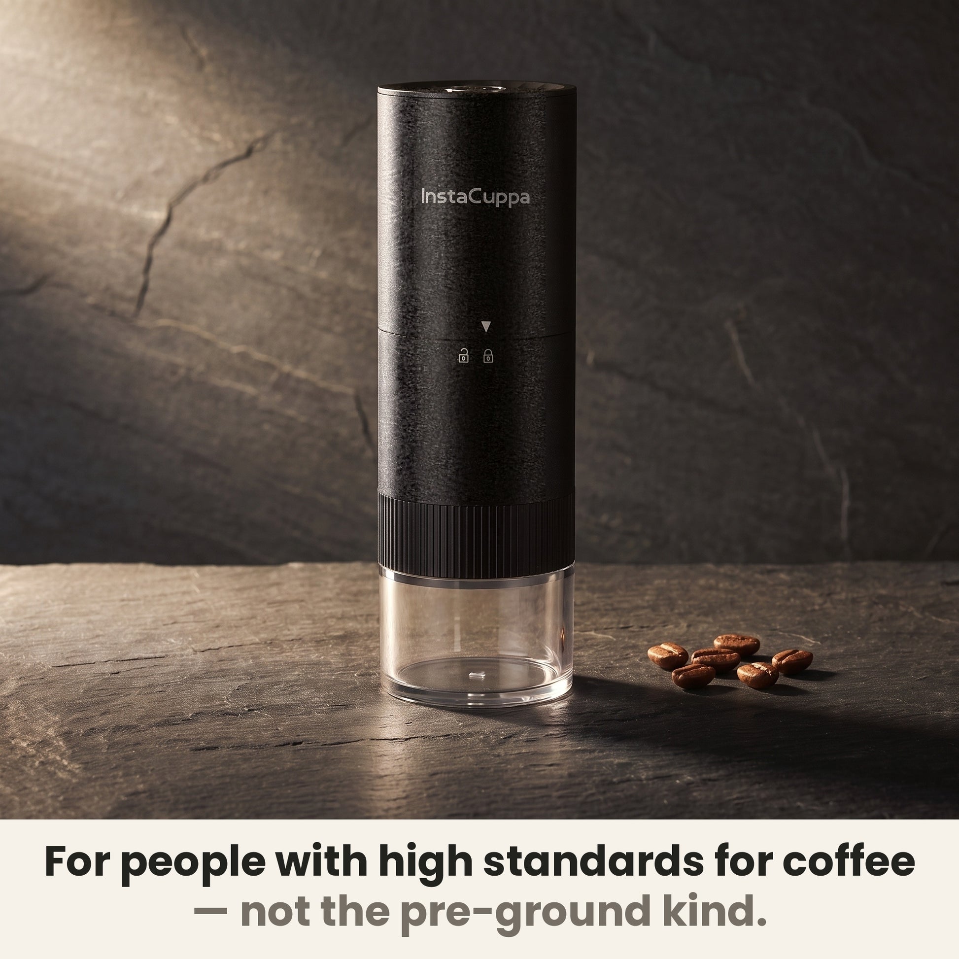 InstaCuppa Portable Electric Burr Coffee Grinder for Espresso, Pour Over and French Press, Stainless Steel Conical Burr, USB-C Rechargeable, Doses into 51 mm Portafilter, 25 g Capacity, Black