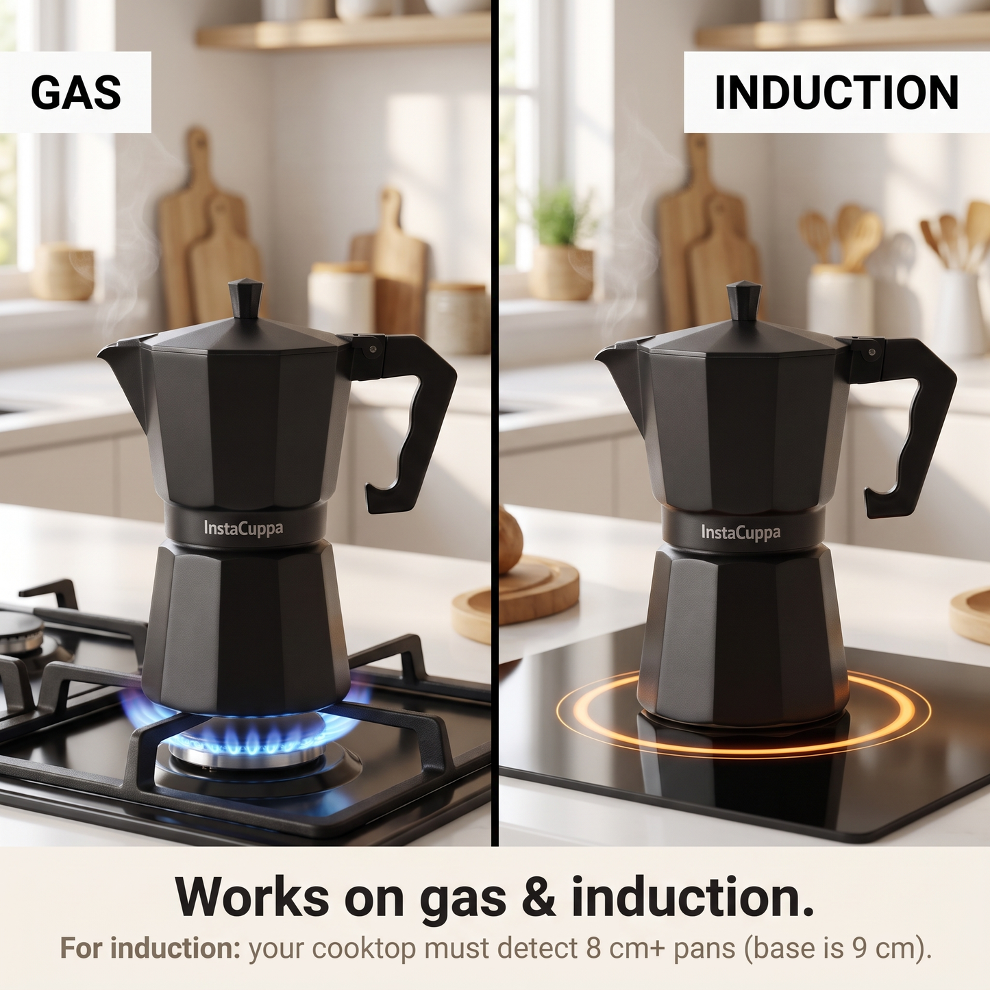 InstaCuppa Aluminium Moka Pot - Black - brews on the gas stovetop · 300 ml · 6 cup
