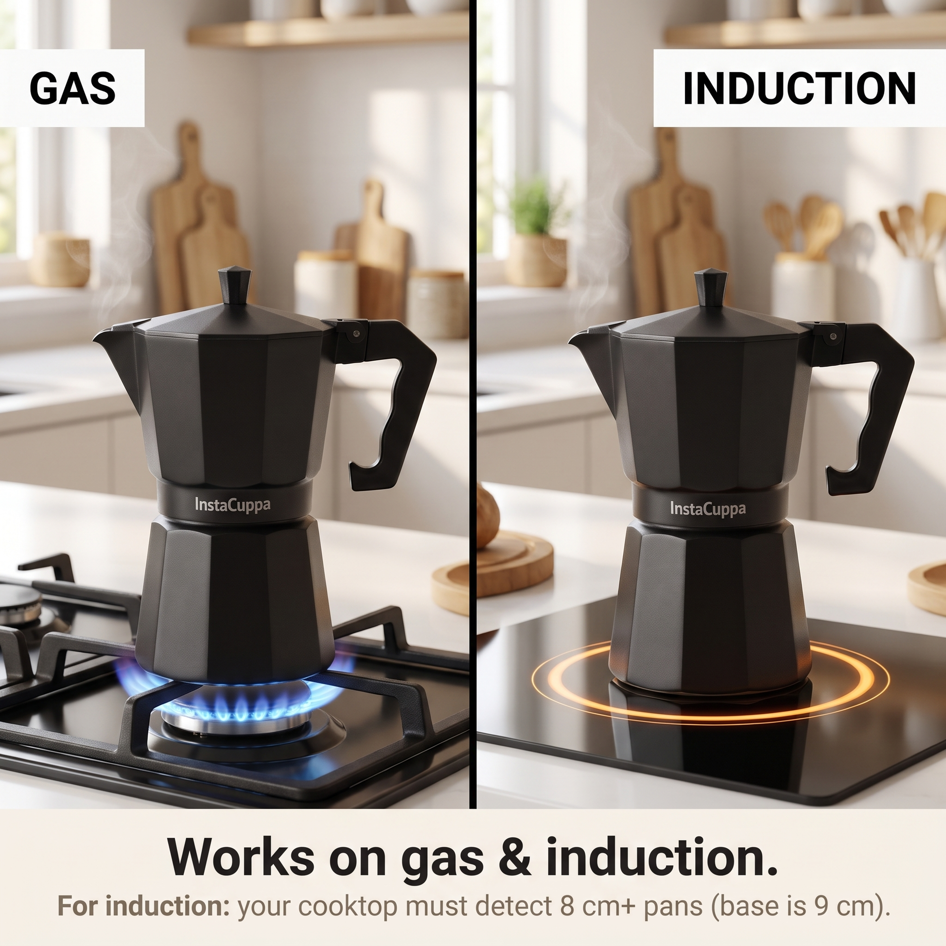 InstaCuppa Aluminium Moka Pot - Black - brews on the gas stovetop · 300 ml · 6 cup