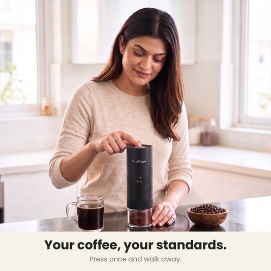 InstaCuppa Portable Electric Burr Coffee Grinder for Espresso, Pour Over and French Press, Stainless Steel Conical Burr, USB-C Rechargeable, Doses into 51 mm Portafilter, 25 g Capacity, Black