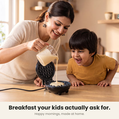 InstaCuppa Mini Waffle Maker - mother pouring batter while her son watches
