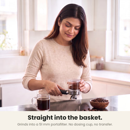 InstaCuppa Portable Electric Burr Coffee Grinder for Espresso, Pour Over and French Press, Stainless Steel Conical Burr, USB-C Rechargeable, Doses into 51 mm Portafilter, 25 g Capacity, Black