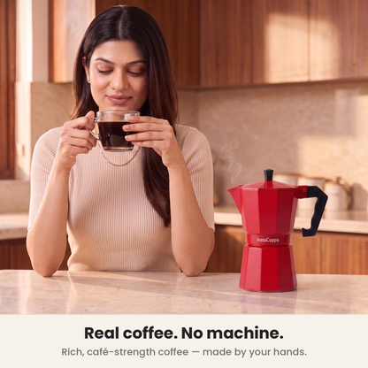 InstaCuppa Aluminium Moka Pot - Red - rich cafe-strength coffee in the cup · 300 ml · 6 cup