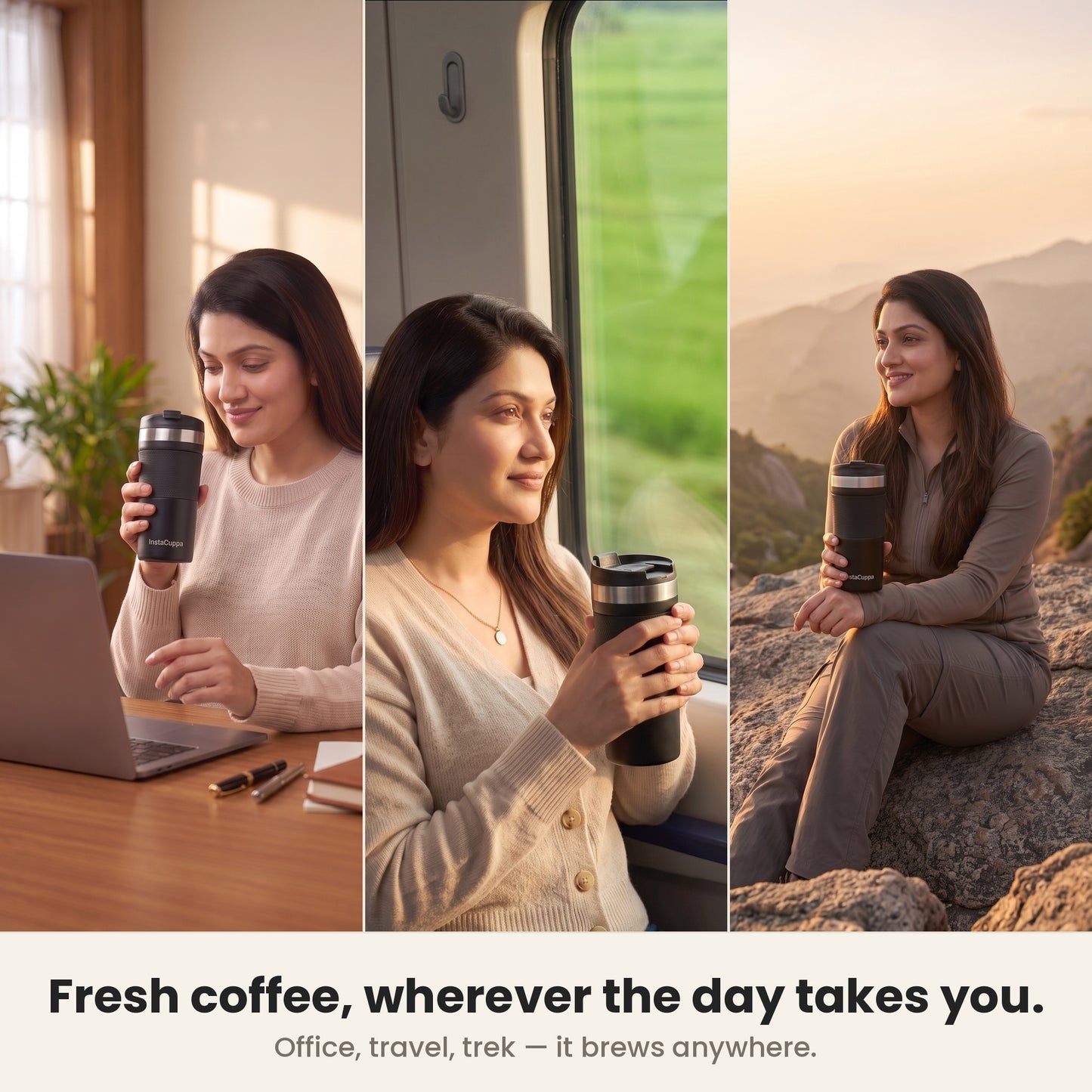 InstaCuppa French Press Travel Mug for fresh coffee at the office, on travel and on a mountain trek