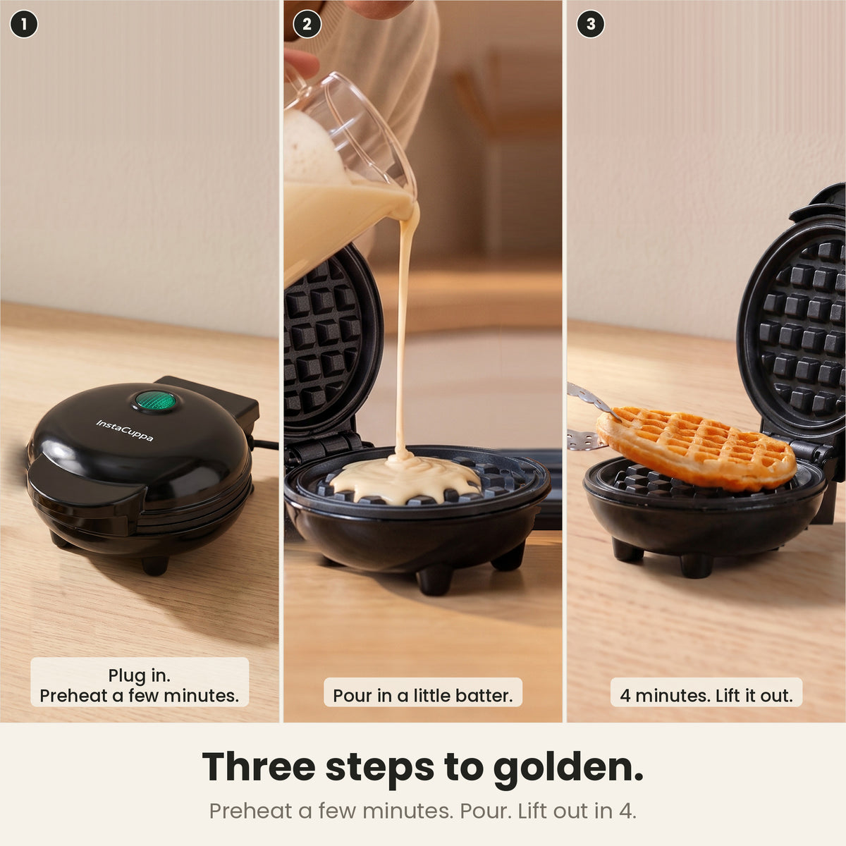 InstaCuppa Mini Waffle Maker - how to use in three steps: preheat, pour, lift out