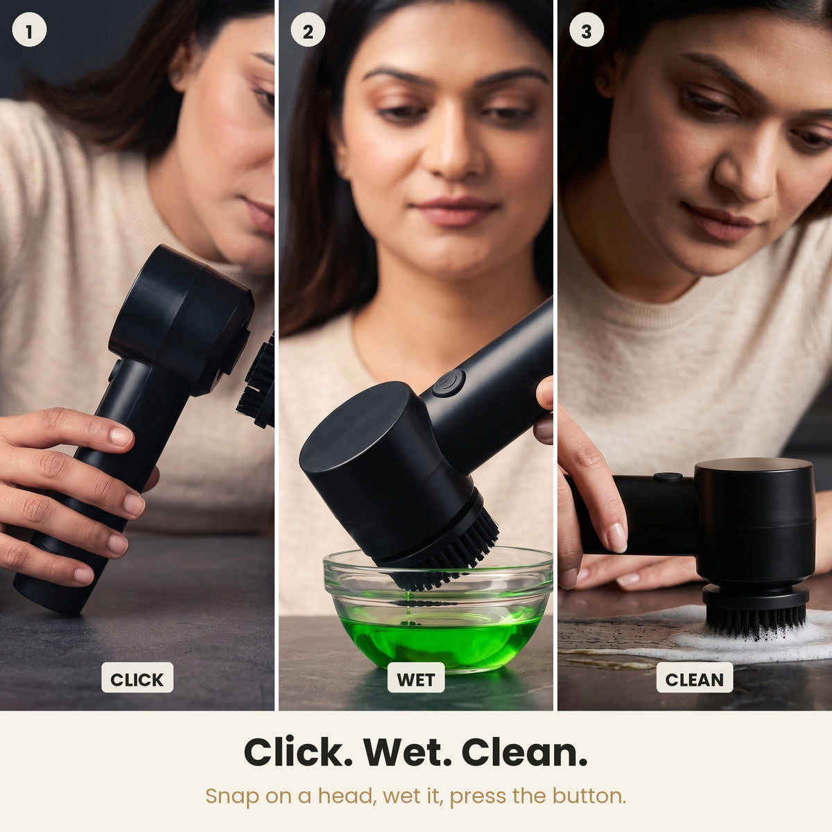 InstaCuppa Electric Cleaning Brush - how to use it, click on a head, wet it, press the button