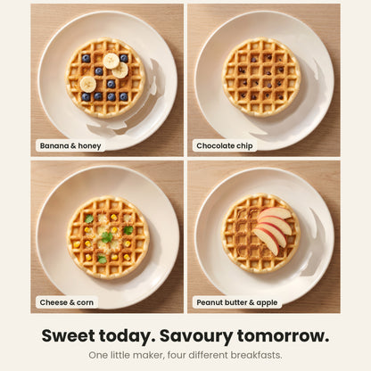 InstaCuppa Mini Waffle Maker - four breakfast ideas: banana honey, chocolate chip, cheese corn, peanut butter apple