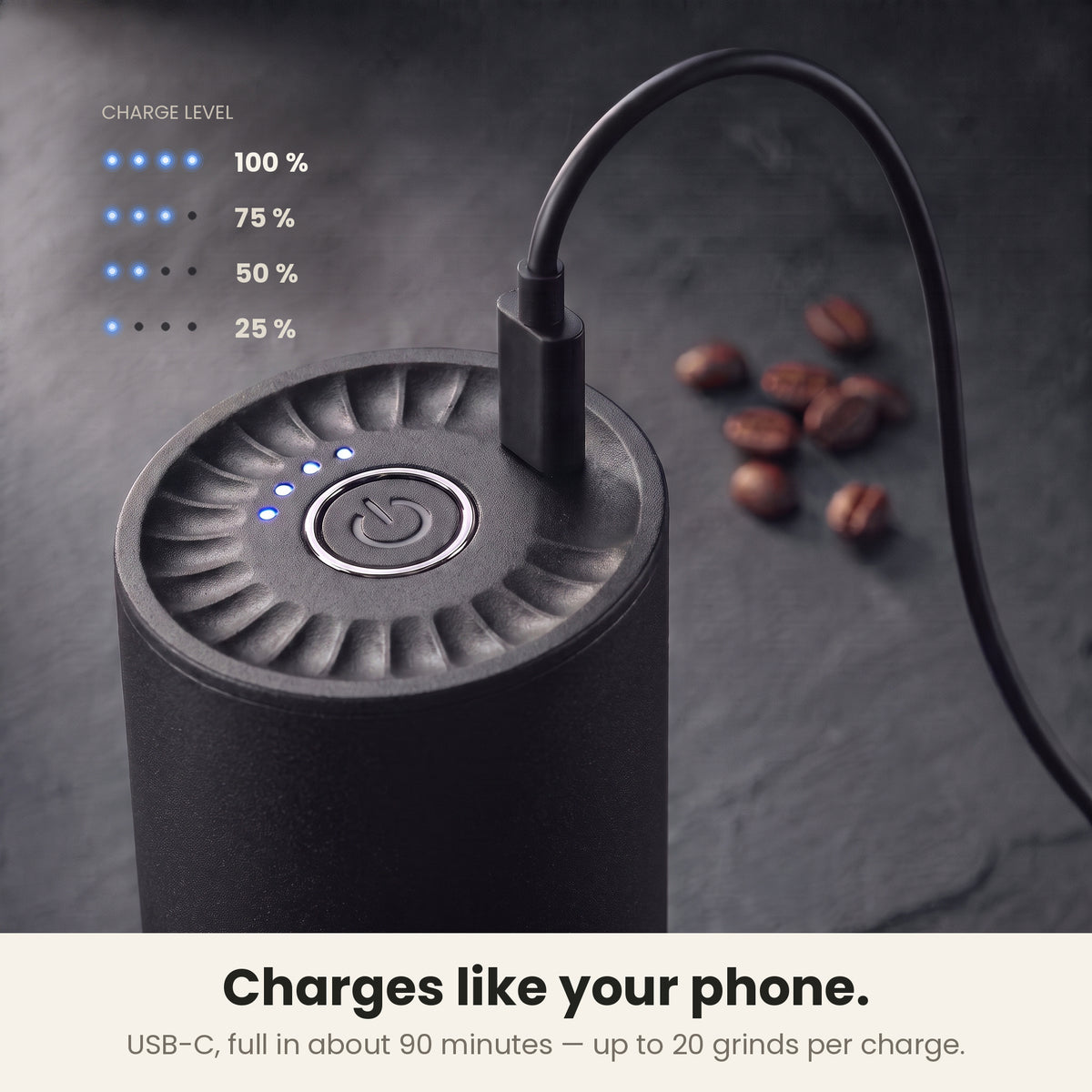 InstaCuppa Portable Electric Burr Coffee Grinder for Espresso, Pour Over and French Press, Stainless Steel Conical Burr, USB-C Rechargeable, Doses into 51 mm Portafilter, 25 g Capacity, Black