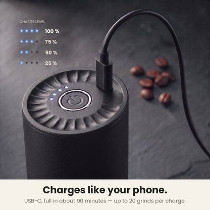 InstaCuppa Portable Electric Burr Coffee Grinder for Espresso, Pour Over and French Press, Stainless Steel Conical Burr, USB-C Rechargeable, Doses into 51 mm Portafilter, 25 g Capacity, Black