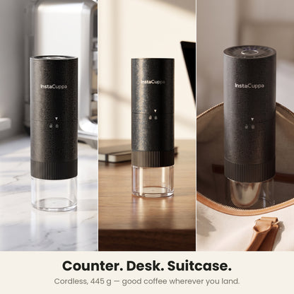 InstaCuppa Portable Electric Burr Coffee Grinder for Espresso, Pour Over and French Press, Stainless Steel Conical Burr, USB-C Rechargeable, Doses into 51 mm Portafilter, 25 g Capacity, Black