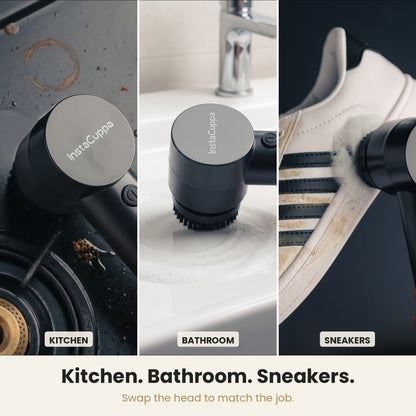 InstaCuppa Electric Cleaning Brush - cleaning a kitchen sink, bathroom tiles and a white sneaker