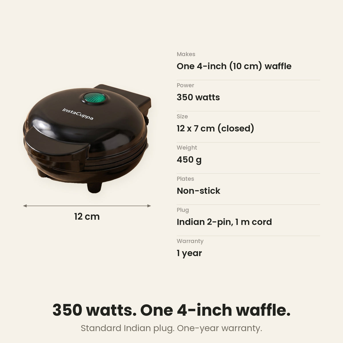 InstaCuppa Mini Waffle Maker - specs: 350 watts, 12 x 7 cm, 450 g, non-stick, Indian 2-pin plug, 1-year warranty