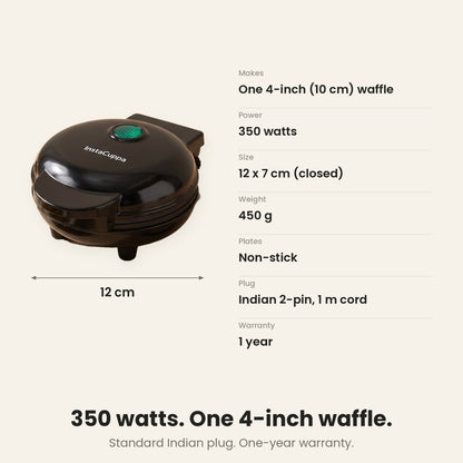 InstaCuppa Mini Waffle Maker - specs: 350 watts, 12 x 7 cm, 450 g, non-stick, Indian 2-pin plug, 1-year warranty