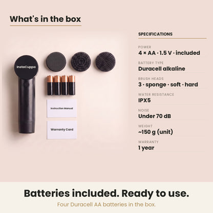 InstaCuppa Electric Cleaning Brush - what is in the box and the full specification chart