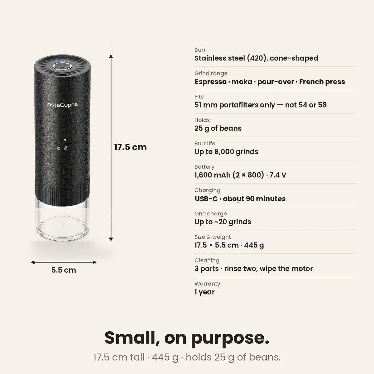 InstaCuppa Portable Electric Burr Coffee Grinder for Espresso, Pour Over and French Press, Stainless Steel Conical Burr, USB-C Rechargeable, Doses into 51 mm Portafilter, 25 g Capacity, Black