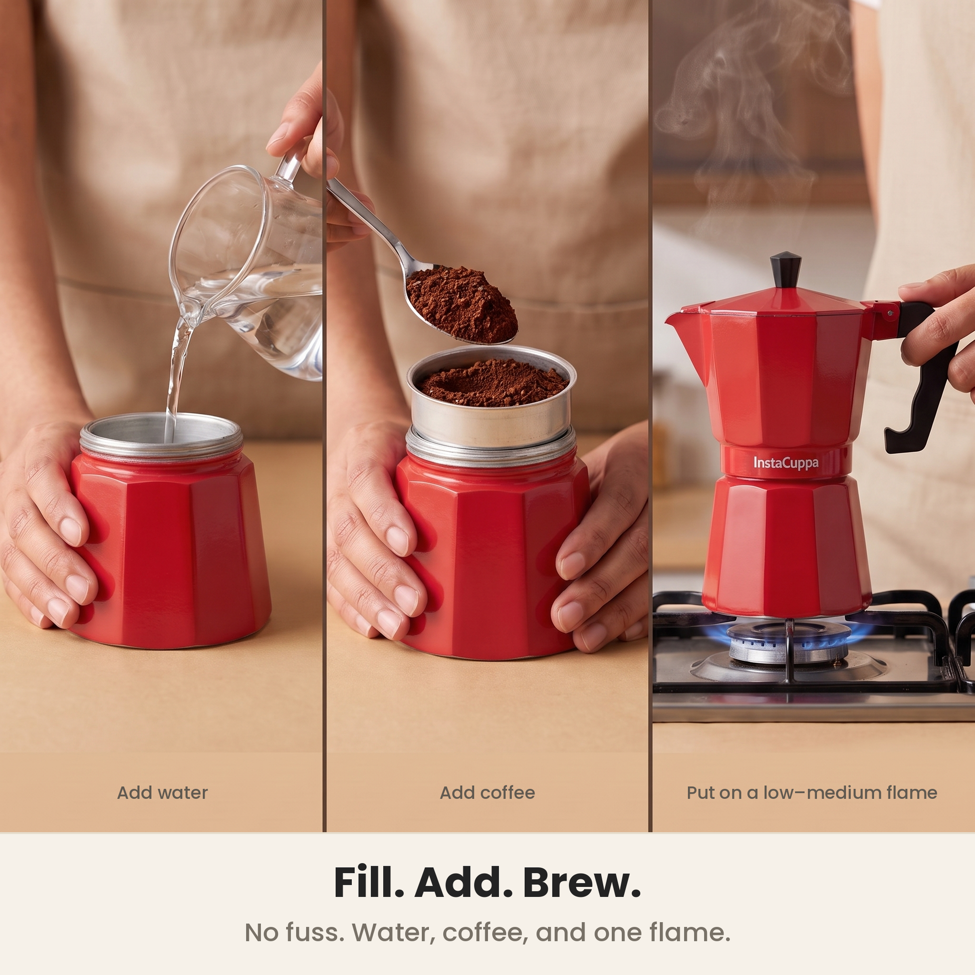 InstaCuppa Aluminium Moka Pot - Red - fill, screw, brew on the stove · 300 ml · 6 cup