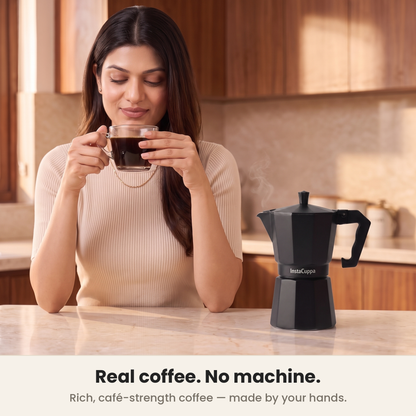 InstaCuppa Aluminium Moka Pot - Black - rich cafe-strength coffee in the cup · 300 ml · 6 cup