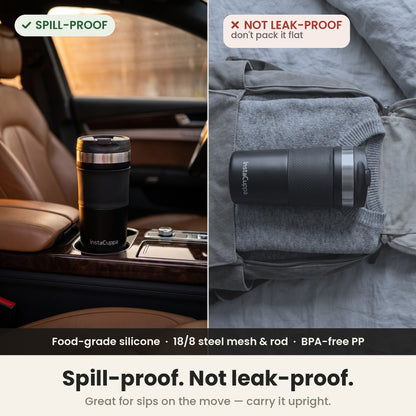 InstaCuppa French Press Travel Mug spill-proof flip-top lid, made for sips on the move, carry it upright