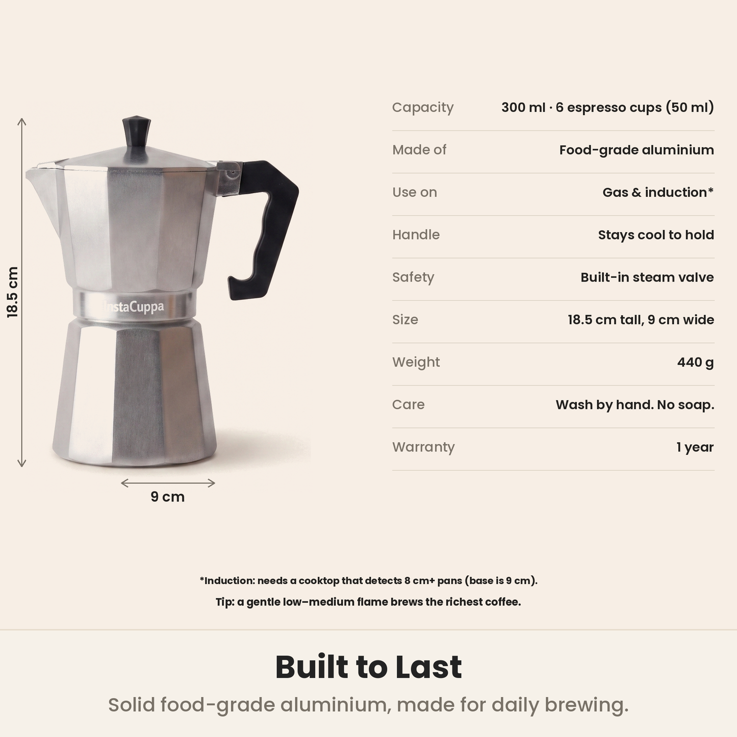 InstaCuppa Aluminium Moka Pot - Silver - aluminium body, 3-part build · 300 ml · 6 cup