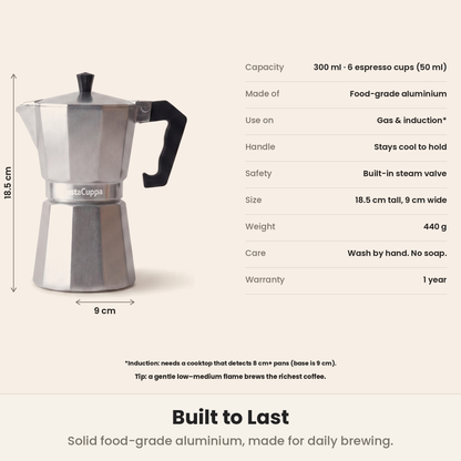 InstaCuppa Aluminium Moka Pot - Silver - aluminium body, 3-part build · 300 ml · 6 cup