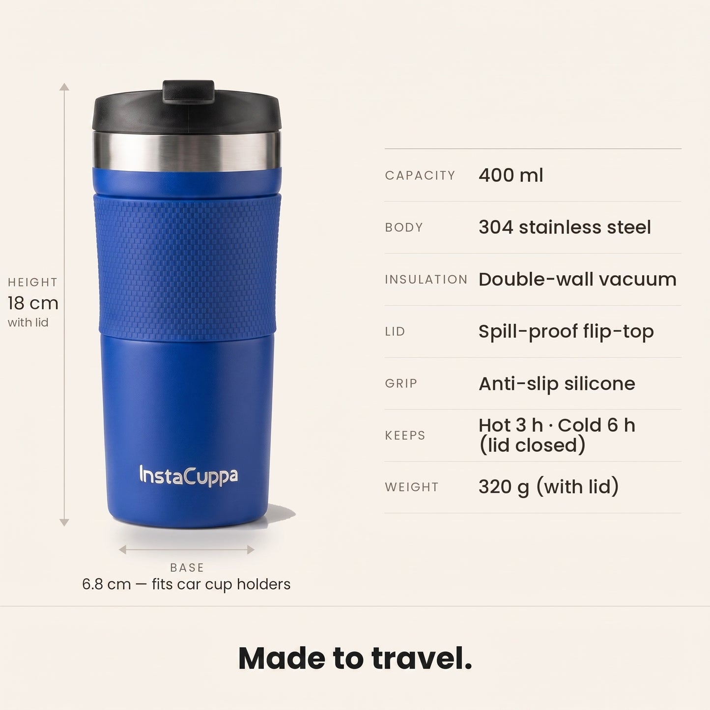 Navy blue InstaCuppa French Press Travel Mug specs, 400 ml, 304 stainless steel, double-wall vacuum, spill-proof lid