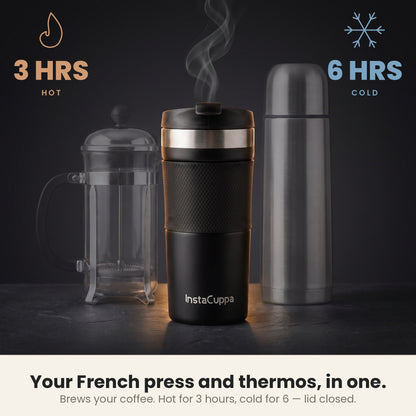 InstaCuppa French Press Travel Mug is a French press and thermos in one, hot 3 hours and cold 6 hours