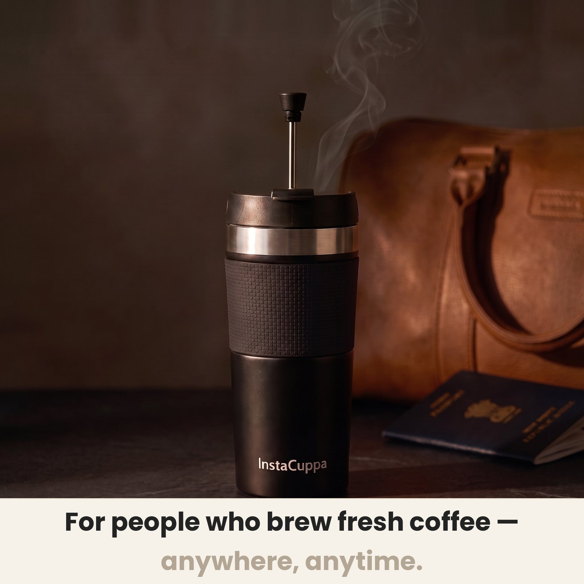 French Press Travel Mug by InstaCuppa for people who brew fresh coffee anywhere beside a leather weekender