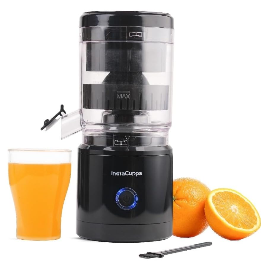 InstaCuppa Electric Citrus Juicer, 90-Watt Motor, Automatic Juicing, Hands-Free One-Button Operation, BPA-Free, 250ml Reservoir, Compact Design for Lemons, Oranges, Sweet Lime