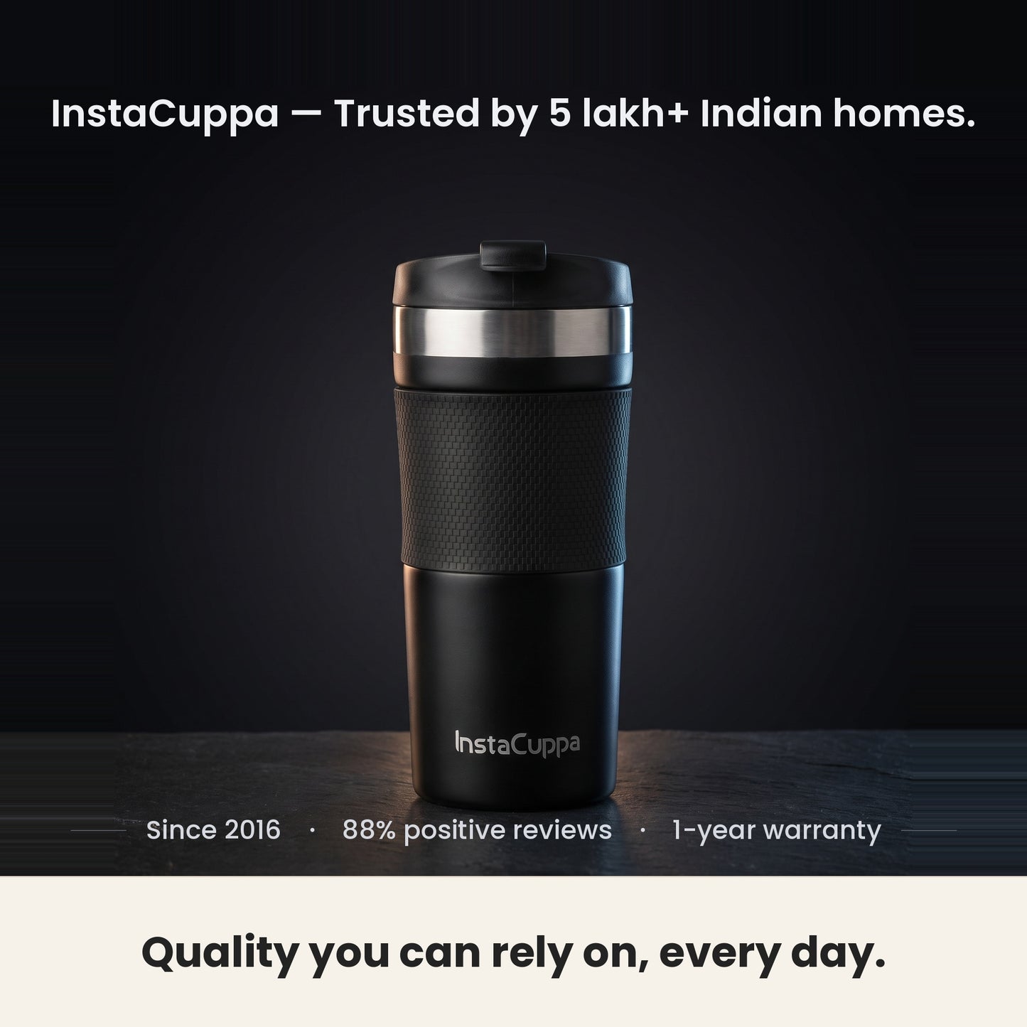 InstaCuppa French Press Travel Mug trusted by 5 lakh plus Indian homes since 2016 with 1-year warranty