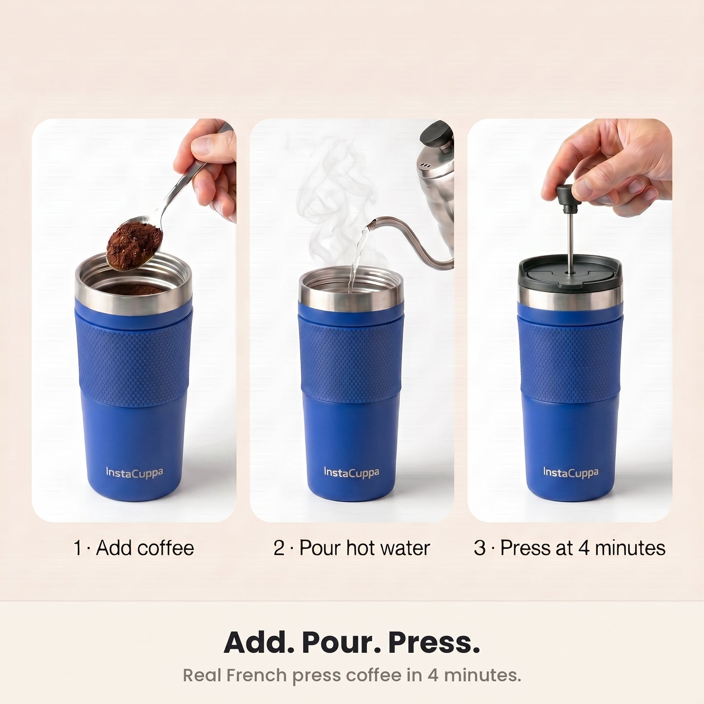 How to use the navy blue InstaCuppa French Press Travel Mug, add coffee, pour hot water, then press