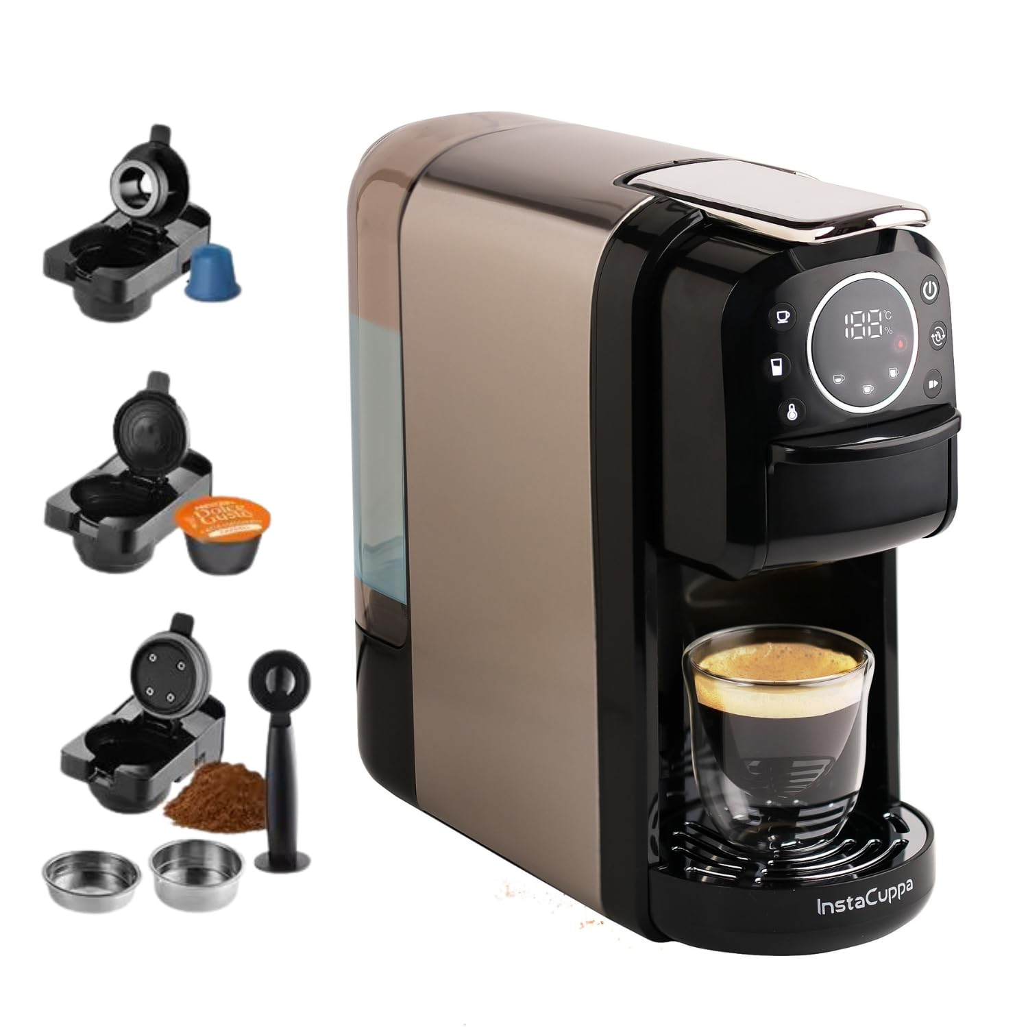 InstaCuppa 3-in-1 Espresso Coffee Maker | Works with Ground Coffee, Pods & Capsules | Electric Kettle Mode with Temperature Control | Adjustable Volume | Self-Cleaning | LED Touch Control and Display