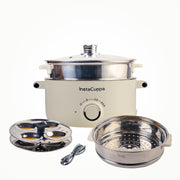 InstaCuppa Stainless Steel 3-in-1 Multi Cook Kettle with Steamer, 3 Liter Inner Pot, Adjustable Temperature Settings ,for Boiling Milk, Tea, Coffee, Eggs ,1000 Watts,Elegant White, Corded Electric