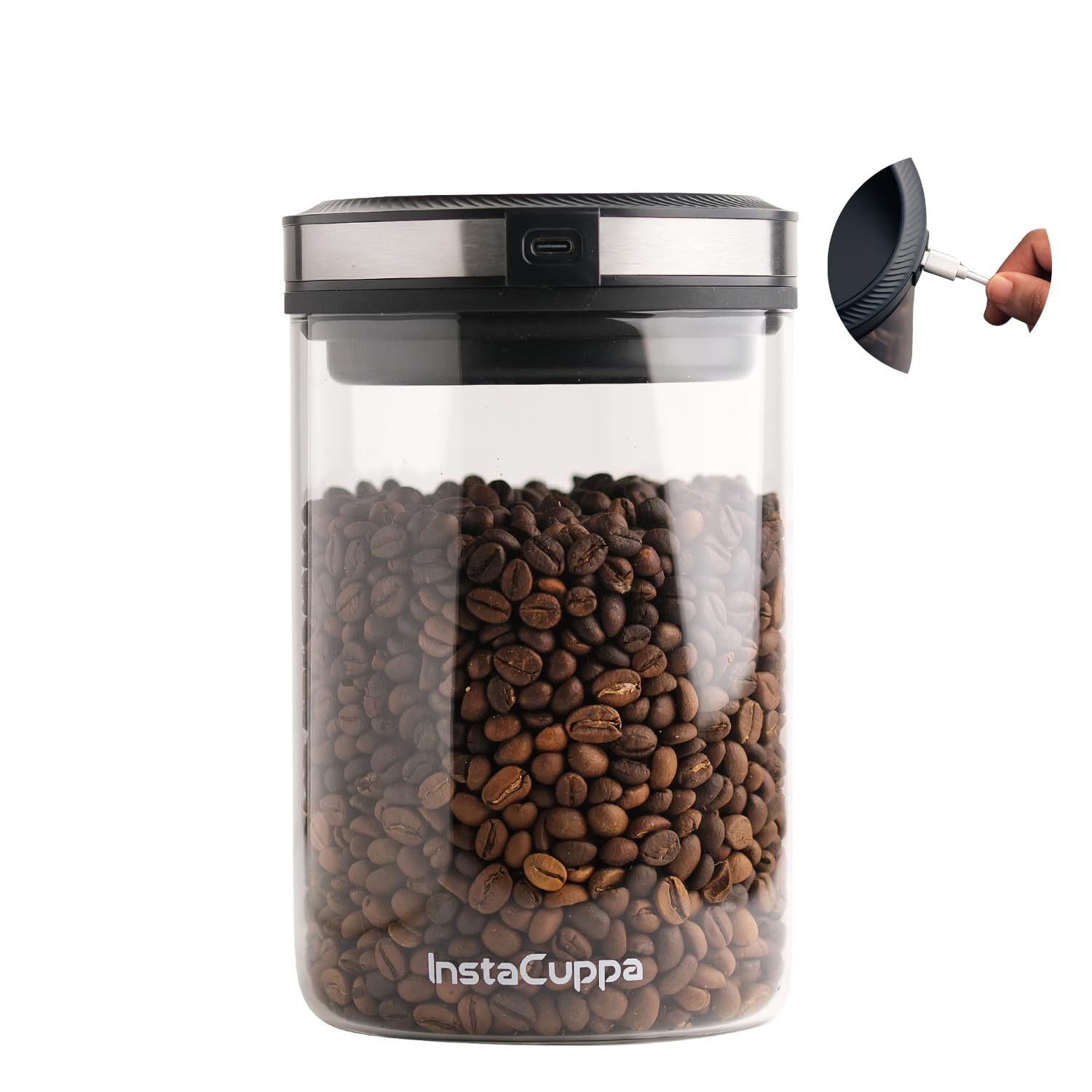 InstaCuppa Rechargeable Vacuum Canister 500g | Airtight Storage with 30kPa Vacuum Seal | USB-C Powered | 300+ Uses per Charge | LED Touch | Borosilicate Glass Jar for Coffee, Cereal & Chocolate Powder