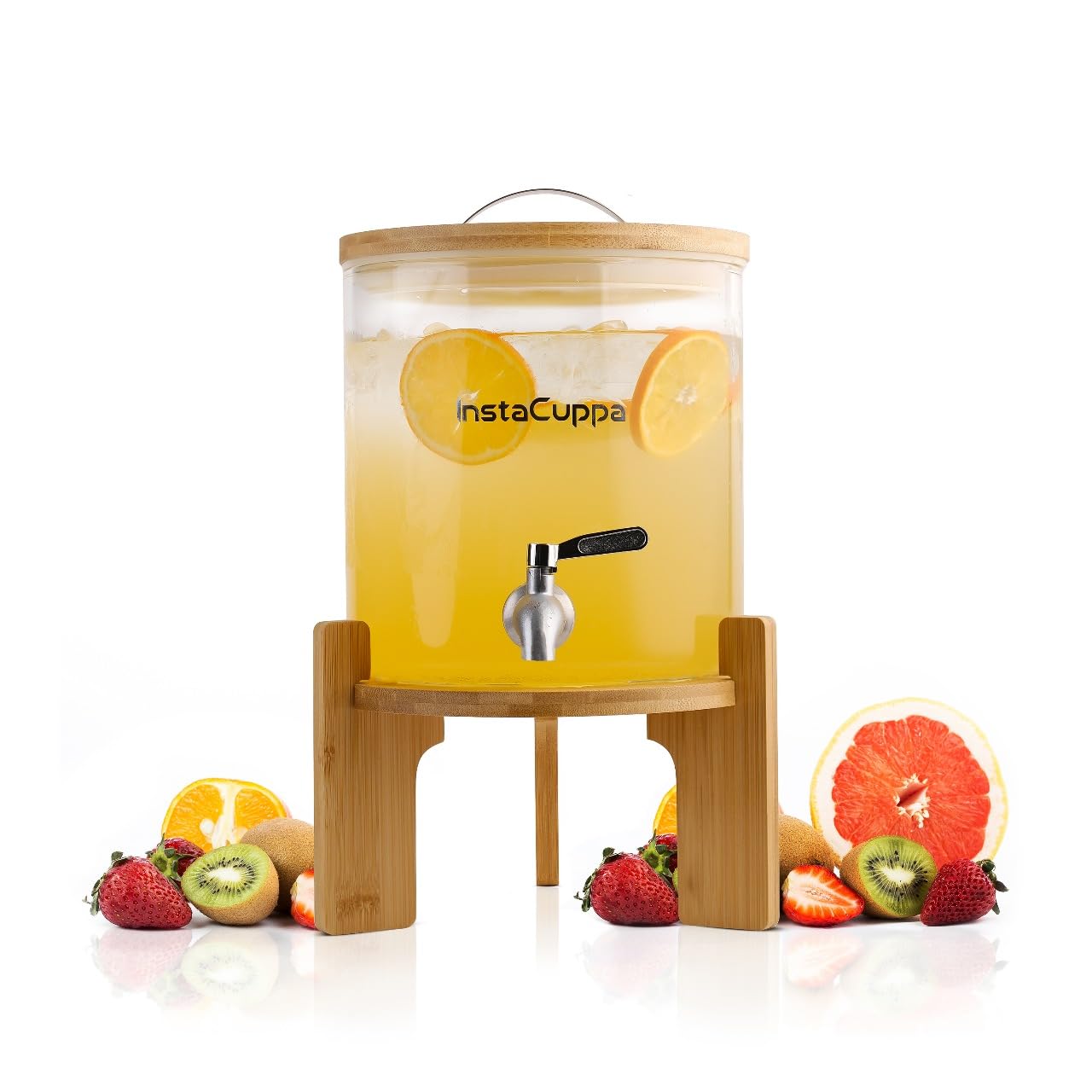 InstaCuppa 5L Glass Beverage Dispenser for Busy Moms | Inbuilt Thermometer | Thick Borosilicate Glass | Bamboo Stand, Steel Tap | for Juices, Hot & Iced Drinks, Parties & Picnics