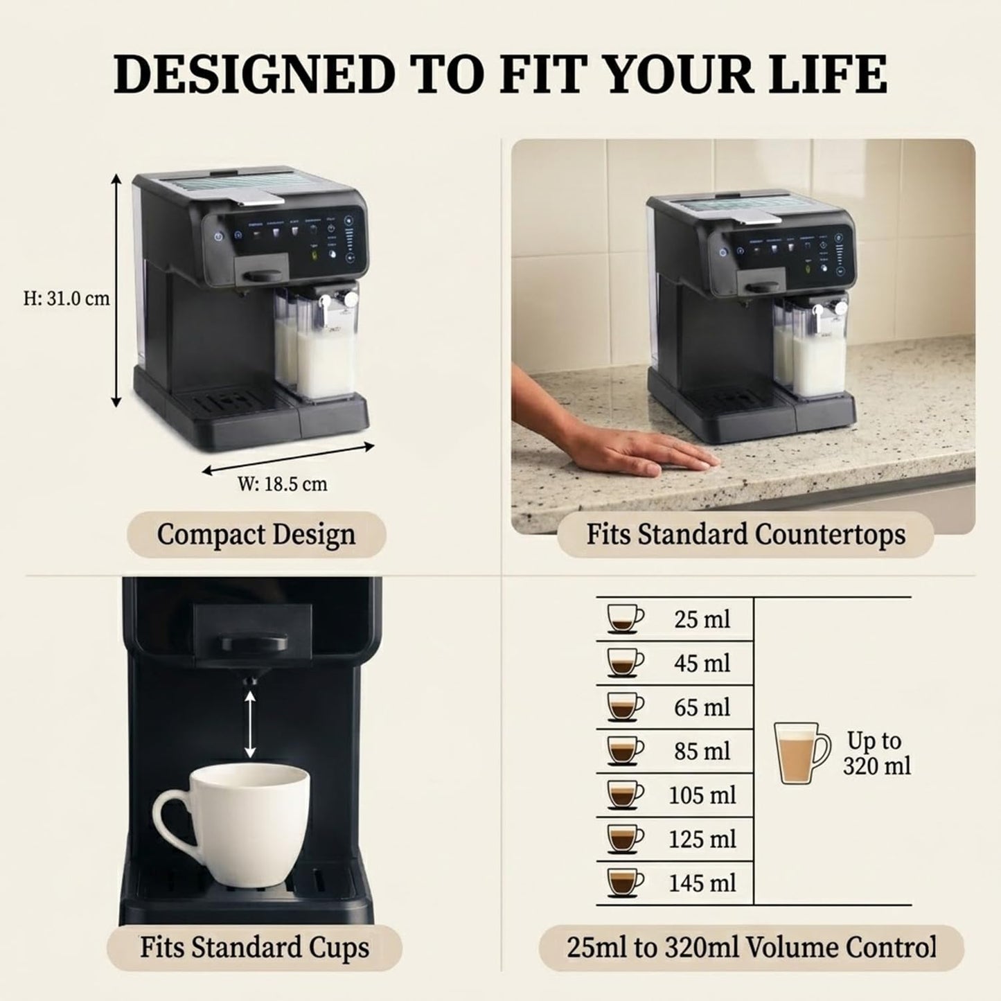 InstaCuppa Espresso Coffee Maker with Built-In Milk Frother - Nespresso Original, Dolce Gusto and Ground Coffee Compatible, One-Touch 4 Cafe-Style Drinks, Adjustable Volume Control
