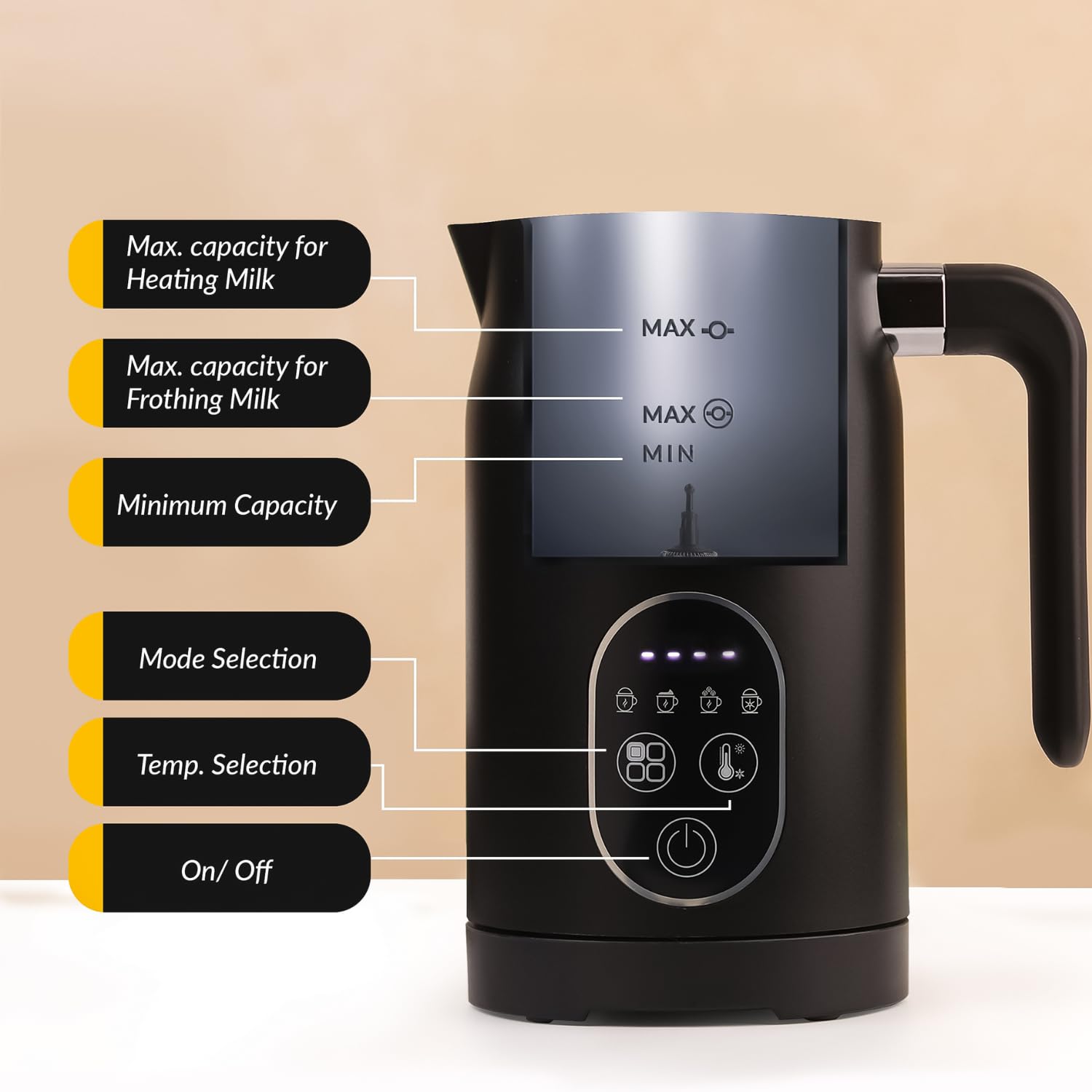 InstaCuppa 4-in-1 Electric Milk Frother with Smart Temperature Control - Touch Panel - Versatile Hot & Cold Foam Maker and Milk Warmer, Ideal for Lattes, Cappuccinos, Hot Chocolate - 500 Watts Black